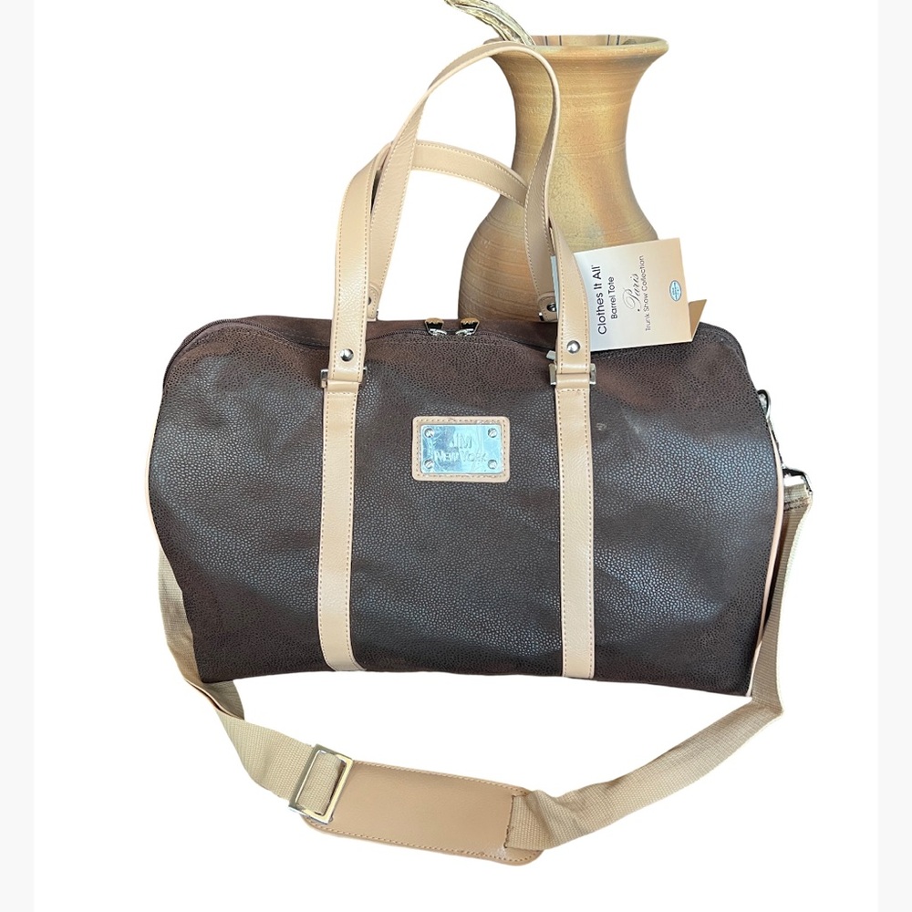 NWT Joy Mangano Barrel Tote Brown Leather Duffel Bag Paris Trunk Show Collection
